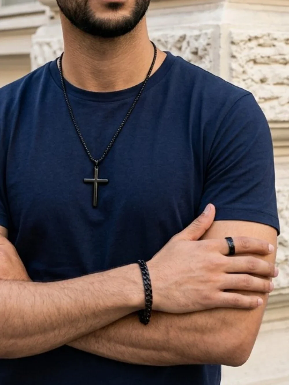 Men’s Black Cross Necklace Bracelet Ring 3pc Set Minimalist Faith Grad Gift NWT